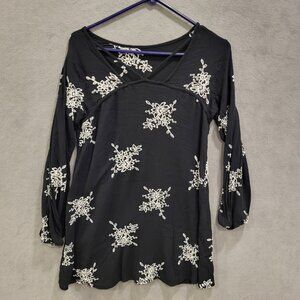 Women's Black/White Floral Popover‎ Embroidered Dress Boho Peasant Split Sleeve